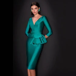 Column Cocktail Dress Turquoise Satin V Neck 3/4 Sleeves Knee Length Wedding Guest Gowns for Women Ruffle Sheath Cocktail Dress