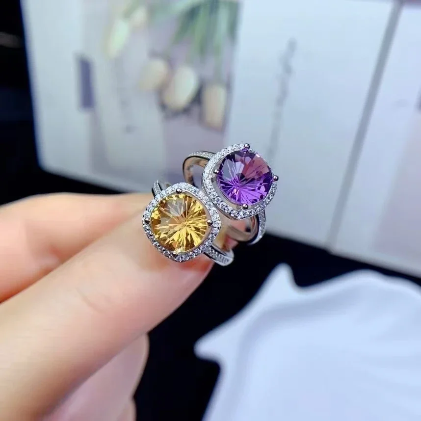 

Natural Amethyst Ring Dazzling Citrine Engagement Ring for Woman 8mm 2.5ct VVS Grade 18K Gold Plated 925 Silver Crystal Jewelry