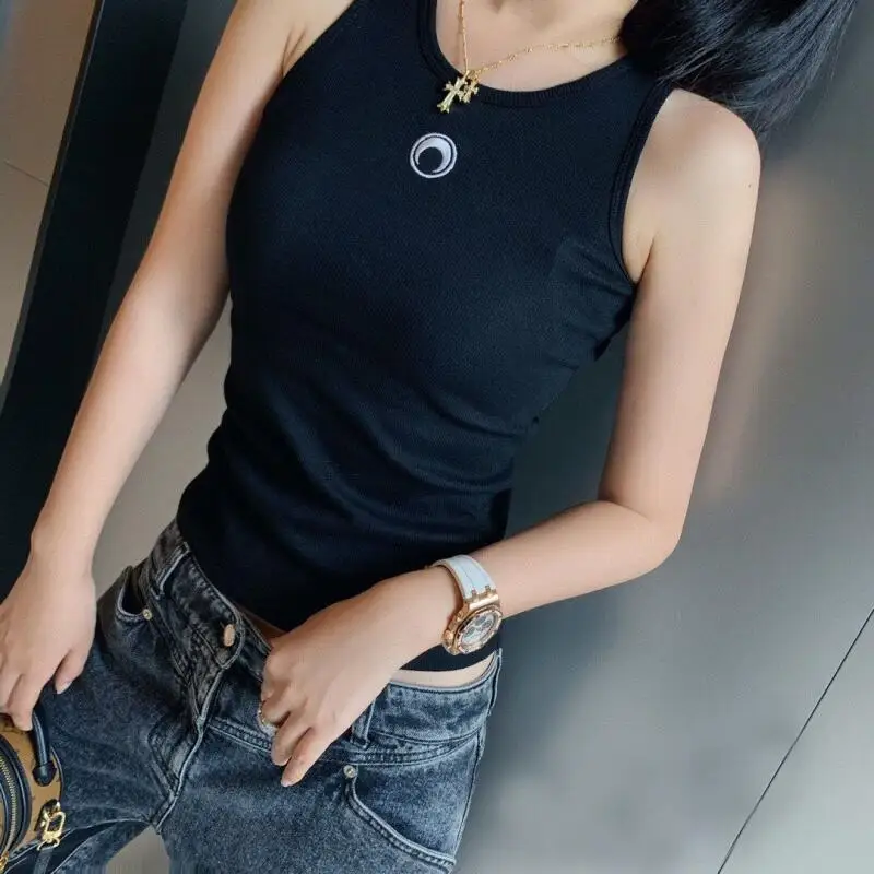 

Женская майка без рукавов с вышивкой Луны, уличная хлопковая футболка в корейском стиле, модная облегающая повседневная майка на бретельках