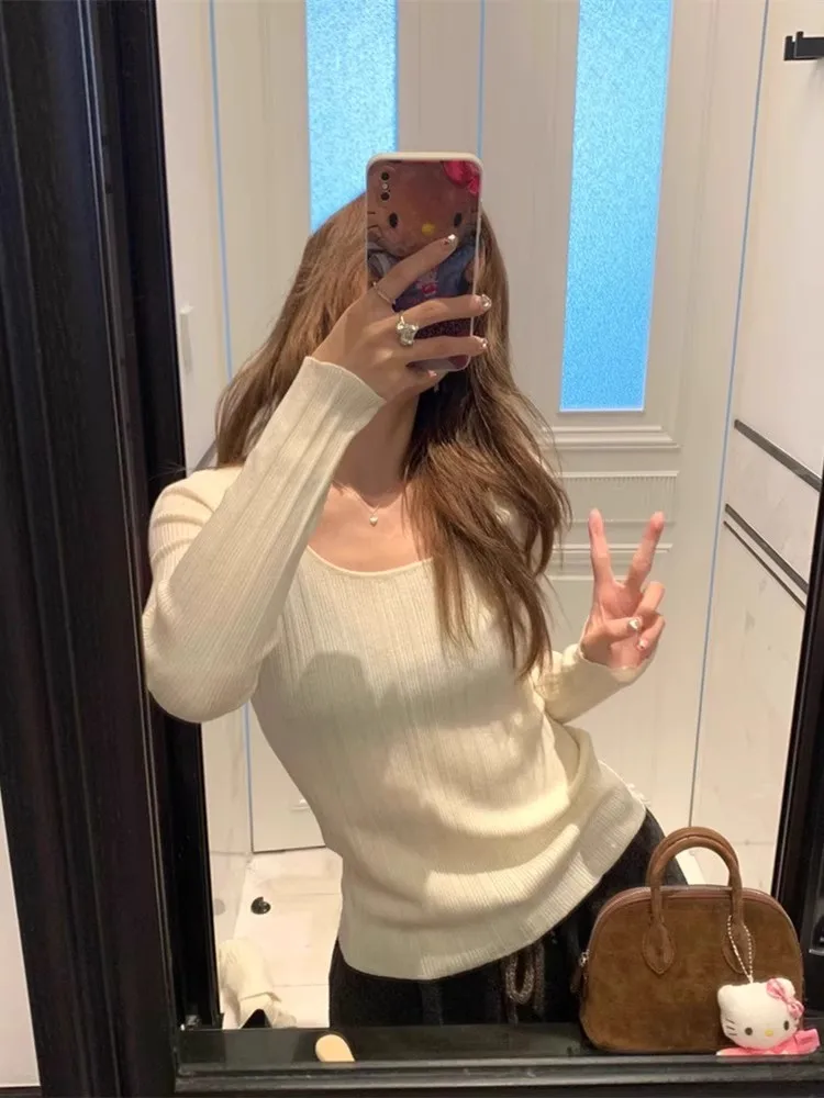 Korean Long Sleeved Round Neck Women's Pullover, Solid Color Soft Knit Slim Fit T-shirt, Fashionable Casual Base Shirt