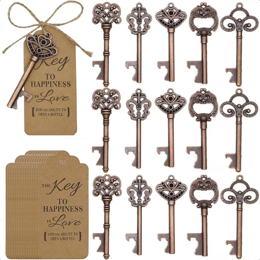 

50 шт., винтажные красные медные ключи-скелетоны, открывалки для бутылок, свадебные сувениры, подарки для гостей с биркой-эскорт и джутовой веревкой