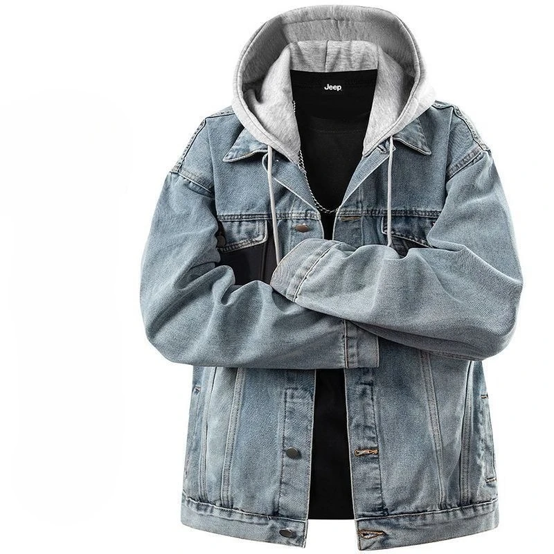 Men 2026 Spring Autumn Hooded Denim Jacket Loose Casual Fake Two Piece Coat Versatile Streetwear Male Trucker Jacket