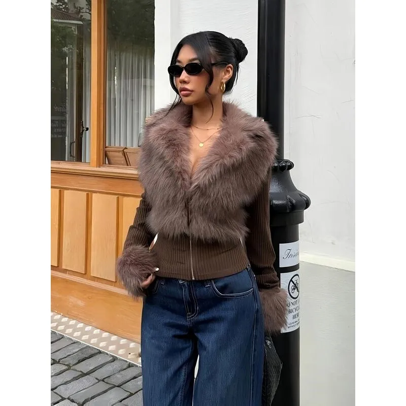 

Fluffy Knit Spliced Open Cardigan Women's Fashion Spring 2026 Y2K Style Cross-Border Polar Fleece Blend Soft Sweater