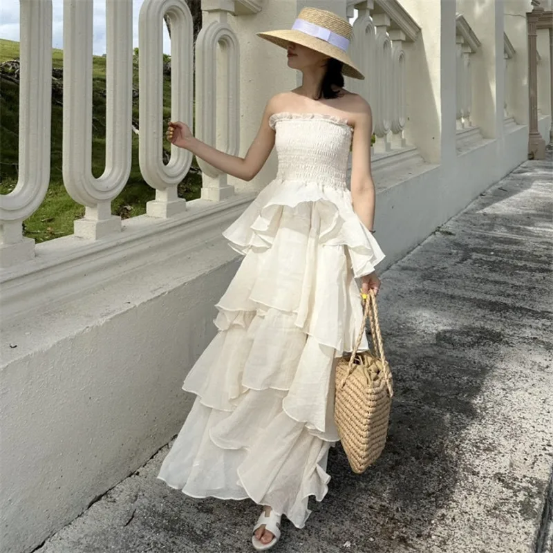 Férias de verão sem alças cinza damasco em camadas babados bolo vestido longo estilo tribunal francês feminino slash neck sem mangas vestido de praia