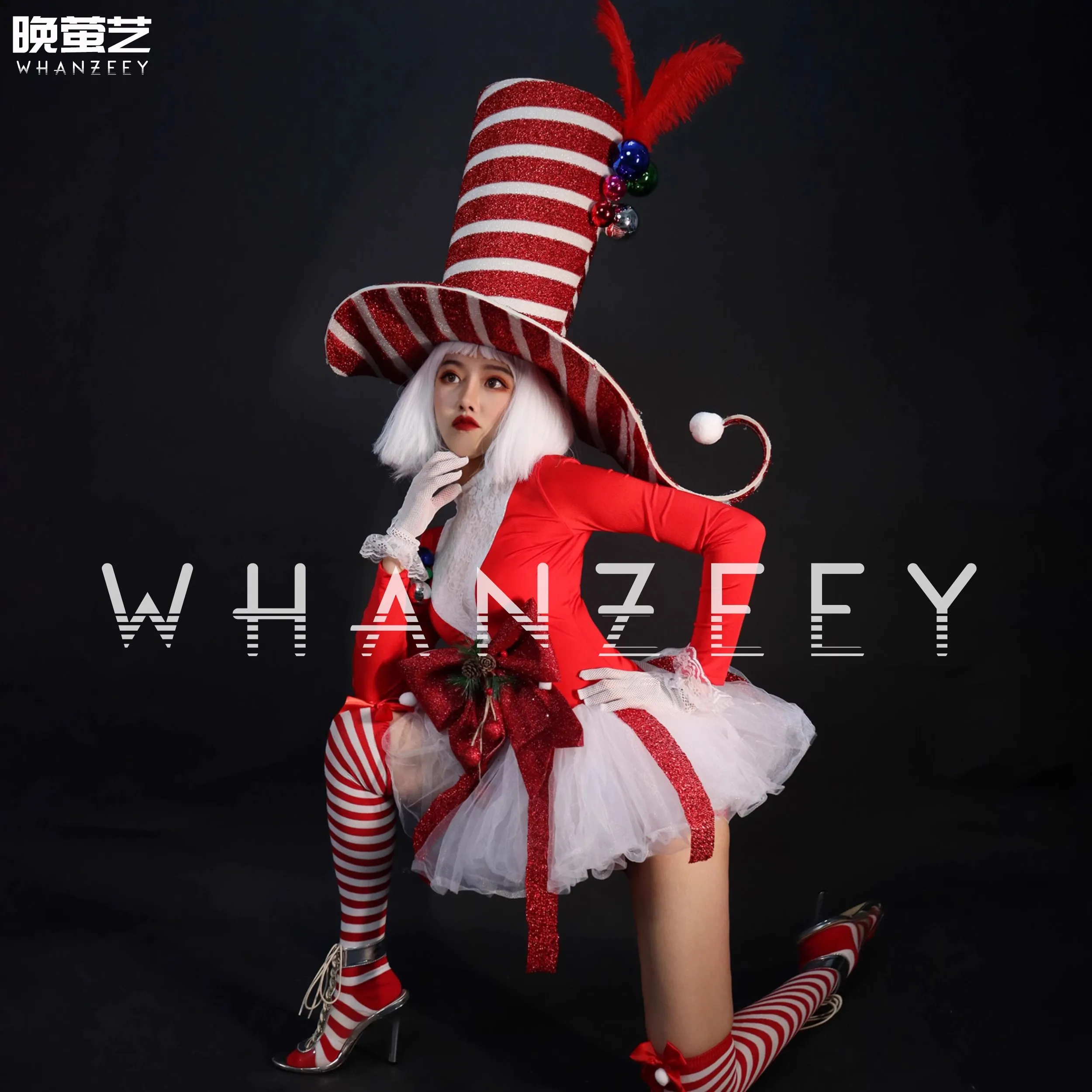 Bar Gogo Kerstkostuum Rood Wit Gestreept Overdreven Grote Hoed + Outfits Carnaval Parade Dsds Zanger Dans Podiumfeest Prom Wear