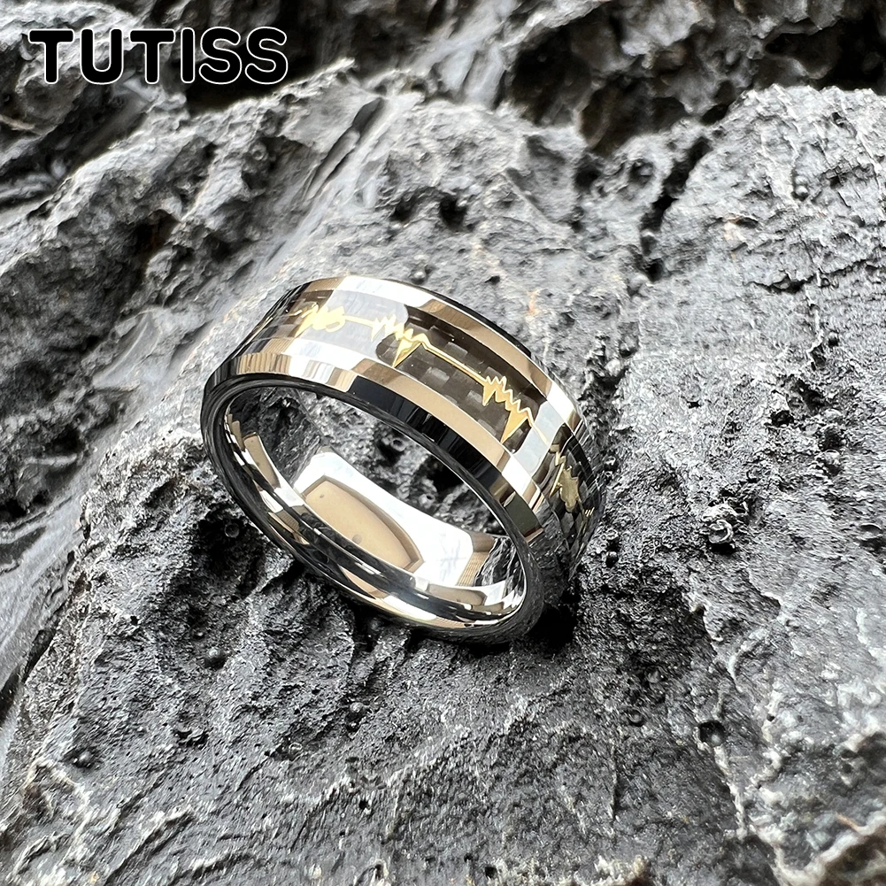 TUTISS 8mm Gold Tungsten Ring for Men Women Engagement Wedding Band Heartbeat Black Carbon Fiber Inlay Beveled Edges