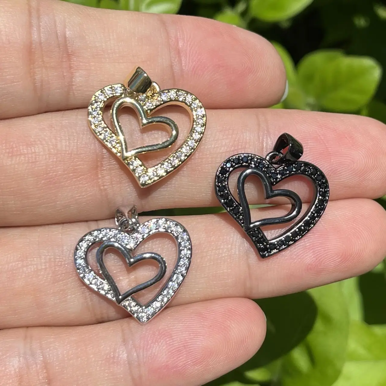 

5pcs Cubic Zirconia Paved Dual Heart Charms Pendant For Bracelets Necklace Jewelry Making