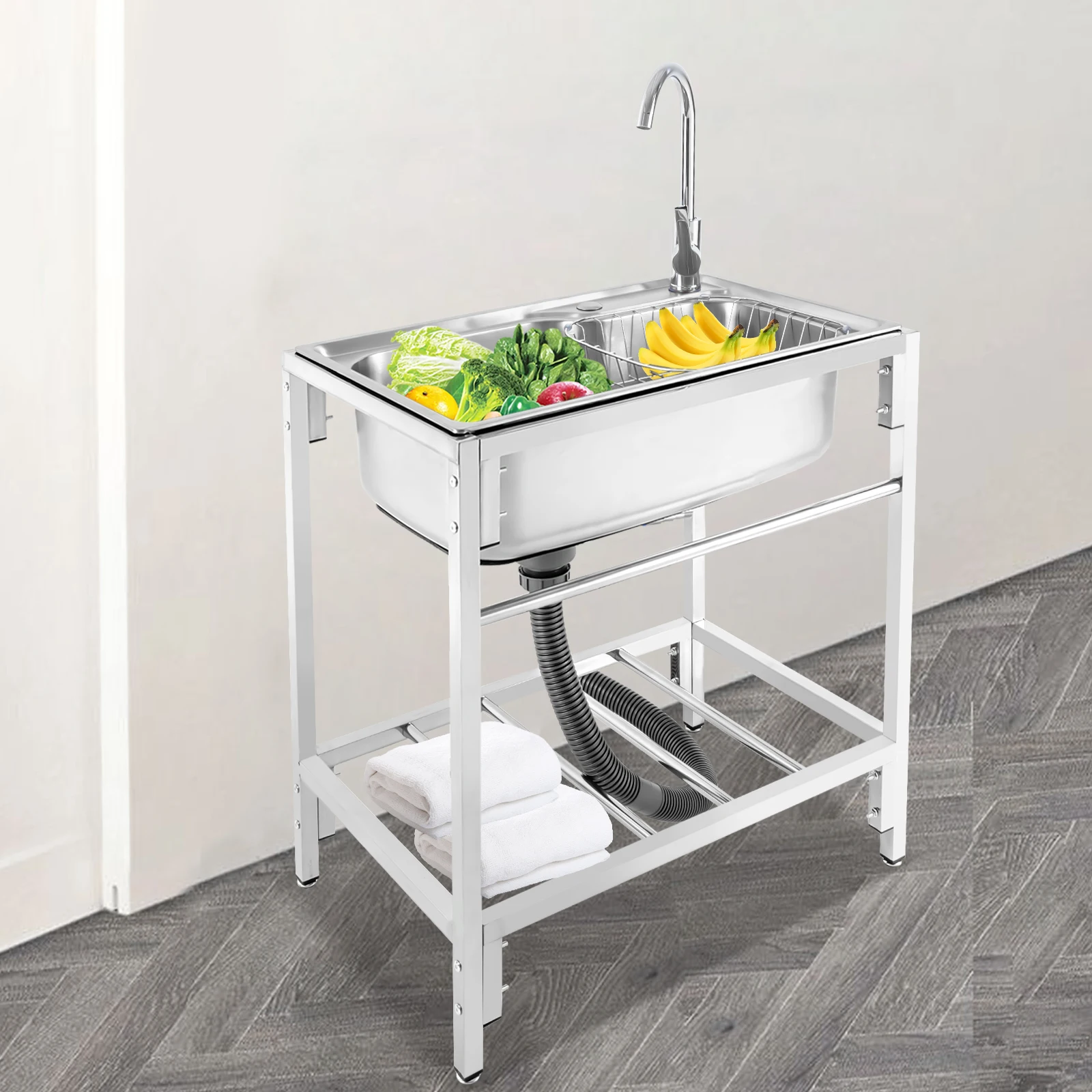 

Single Basin Kitchen Sink Home Laundry Sink 202 Stainless Steel with Faucet & Stand