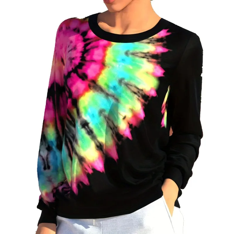 Plus Size Tie Dye Colored Printed Round Neck Long Sleeve Casual Sweatshirt