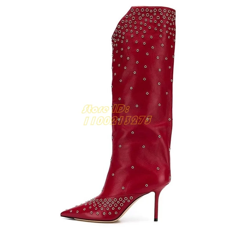 

Red Studs Pointed Toe Knee High Stiletto Boots Holes Decor Patchworrk Fashion 2024 Autumn Winter Women Dress Boots Slip On