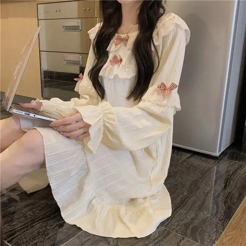 Lace Women Nightgown Korean Sleepwear Ruffle Nightwear Autumn Night Dress Long Sleeve One Piece Pajamas Bow Solid Home Wear New