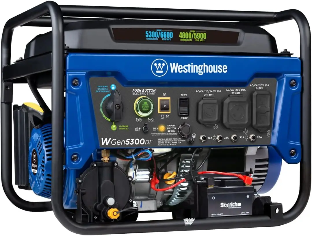 

Westinghouse WGen5300DF Dual Fuel Home Backup Portable Generator, 6600 Watts, Remote Electric Start with Auto Choke