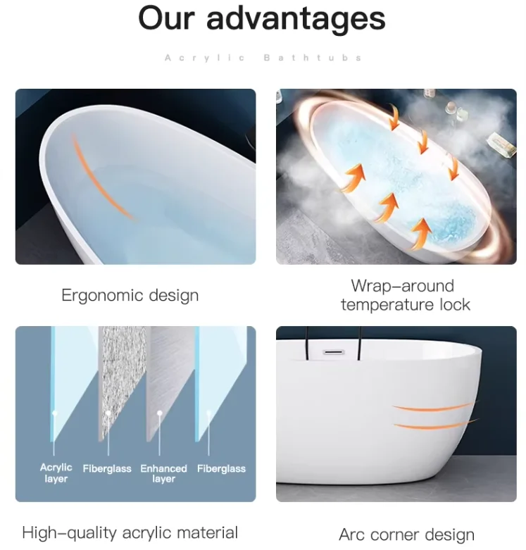 Modern Luxurious Freestanding Acrylic Bath Tub 1.8m Soaking Bathtub Cheap Price Solid Surface Bathroom Design Cupc for Hotels