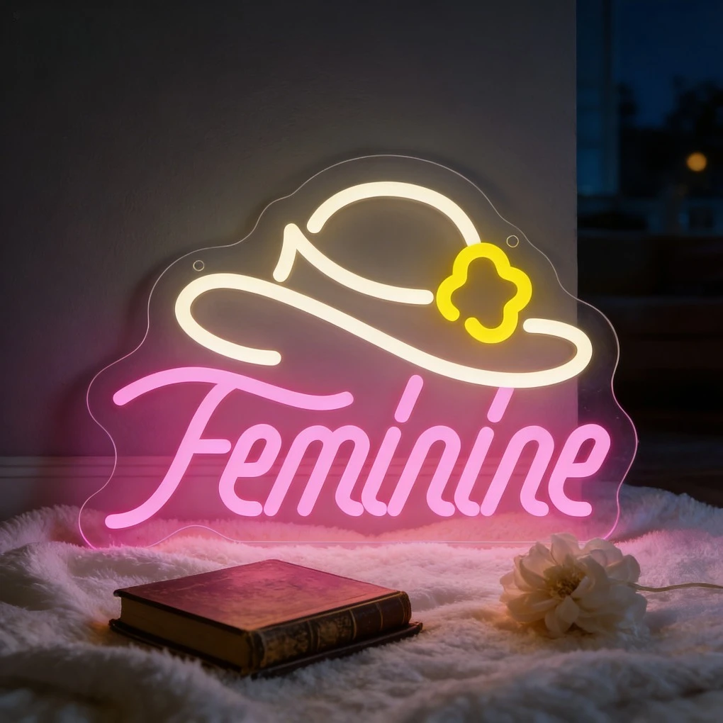 

Неоновая вывеска «Женственная шляпка с цветком» для декора стен, светодиодная неоновая лампа с USB-питанием и регулировкой яркости для будуара, салона, гардеробной, туалетного столика, декора для макияжа, подарки