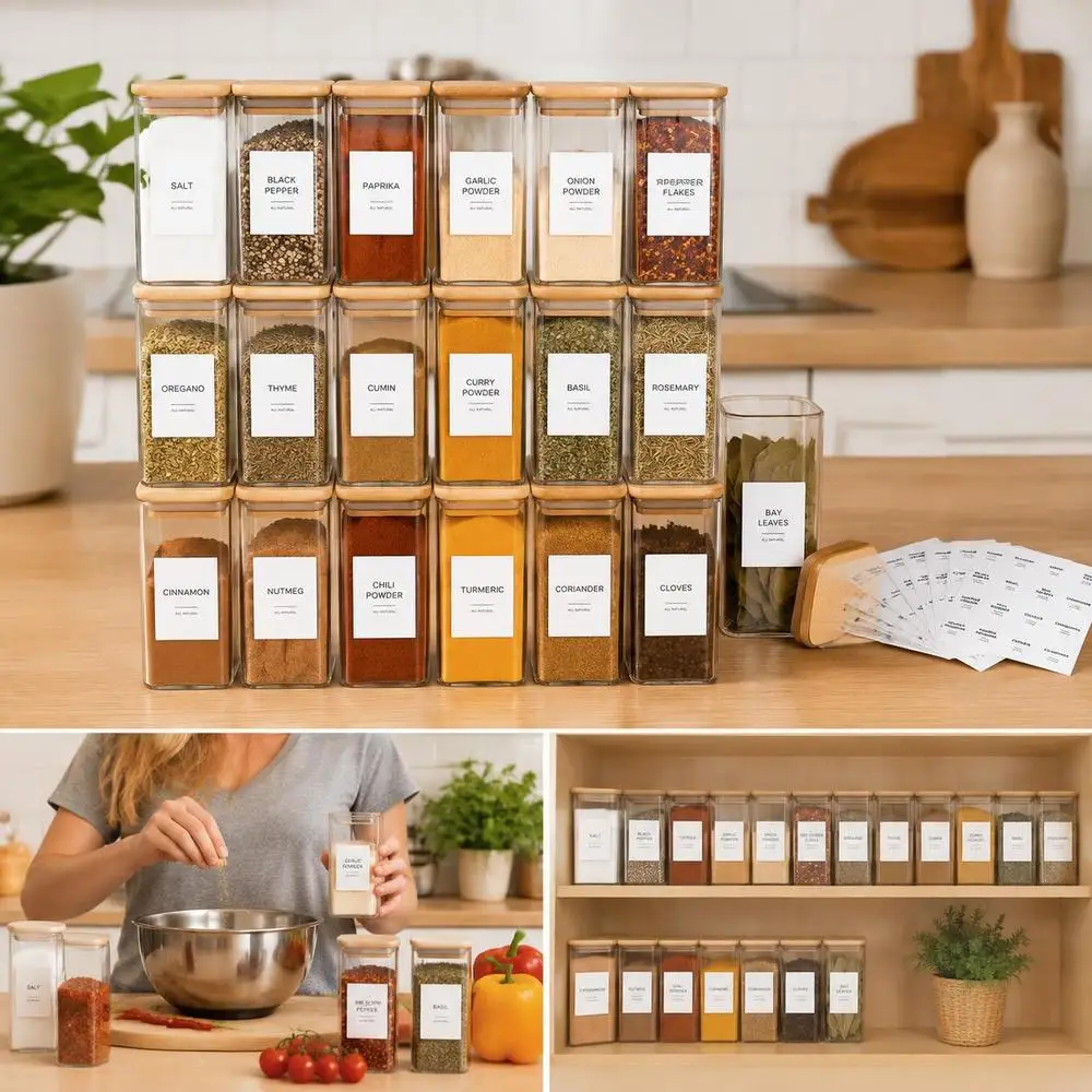 Set di 24 barattoli in vetro borosilicato per spezie, con coperchio in bambù e 92 etichette, contenitori quadrati per la cucina, resistenti a variazioni termiche fino a 120 gradi, per