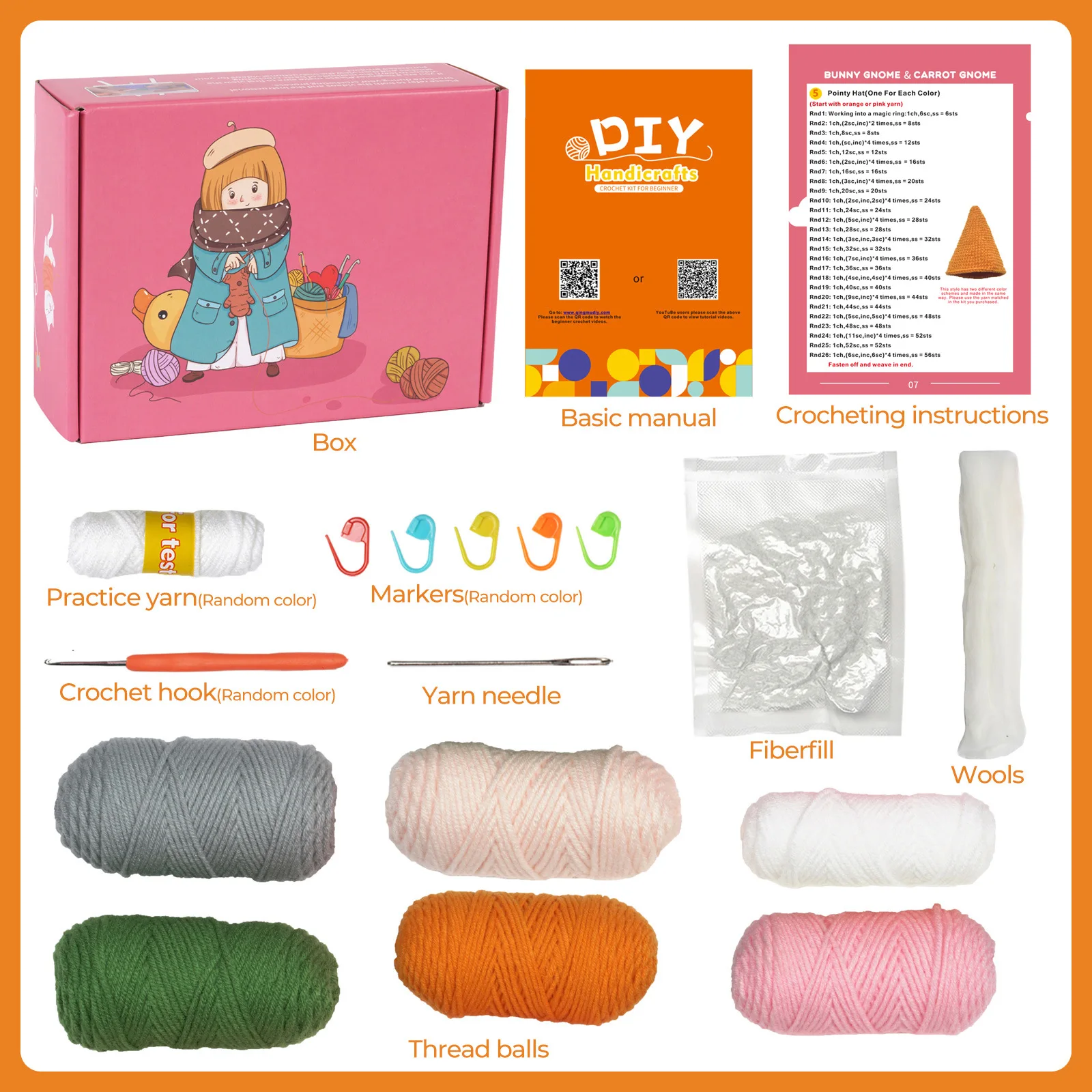 DIY Crochet Knitting Kit Rabbit Carrot Gnome Doll Material With Wool Yarn Thread Crochet Hook Needles Accessories Set Beginners