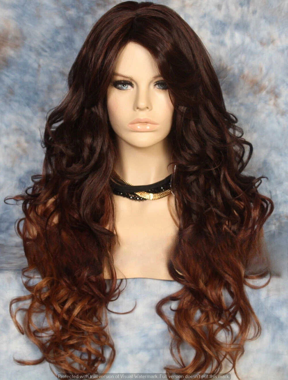 

Long hair blend Full Wig Heat OK Auburn mix Curly bang 2/30/33 WBT