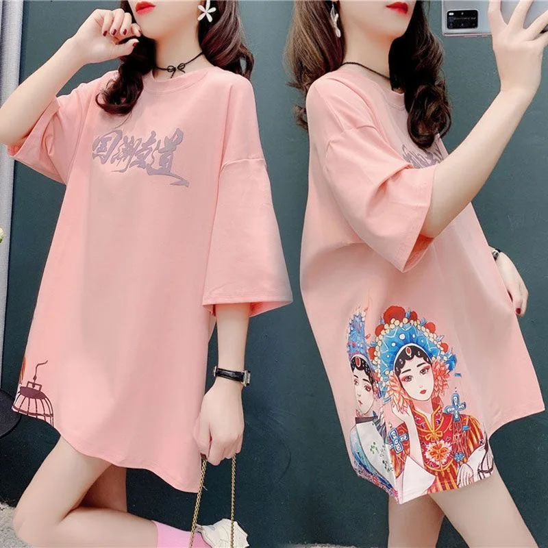 

Peking Opera Mask Printing Short Sleeve T Shirt Women Chinese Style Vintage Casual Femme Cotton Loose Tee Shirt Femme Summer