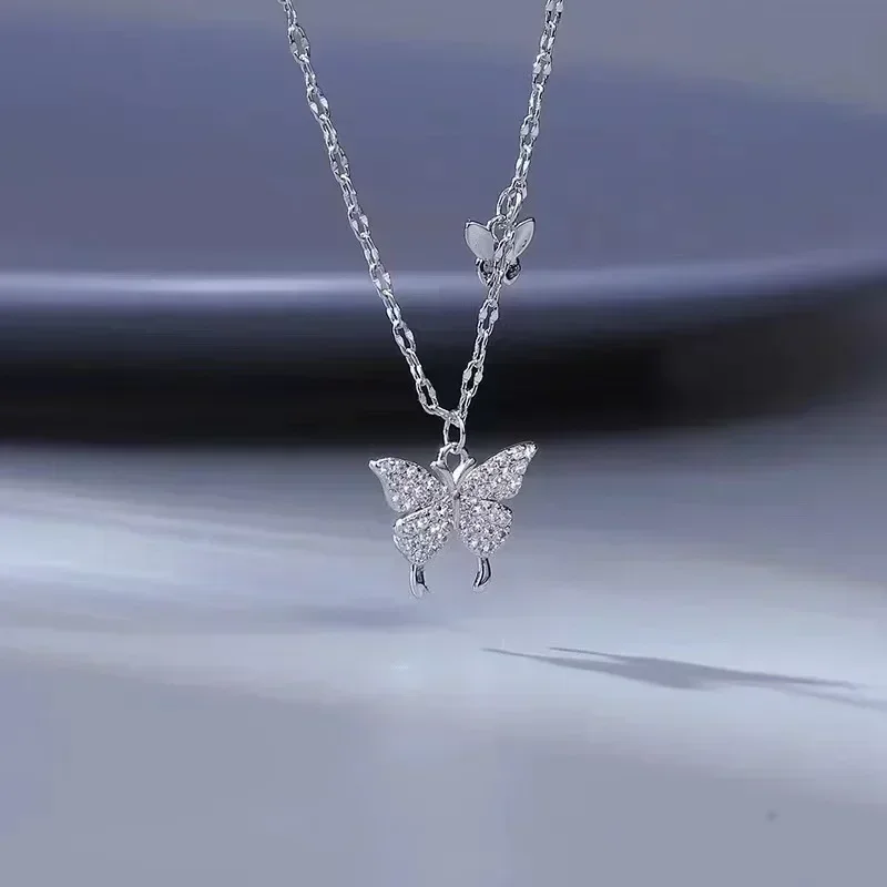 Silver Color Korean Chain Butterfly Pendant Women Necklace Crystal Stone Cute Girls Little Charm Fancy Necklace Fashion Jewelry