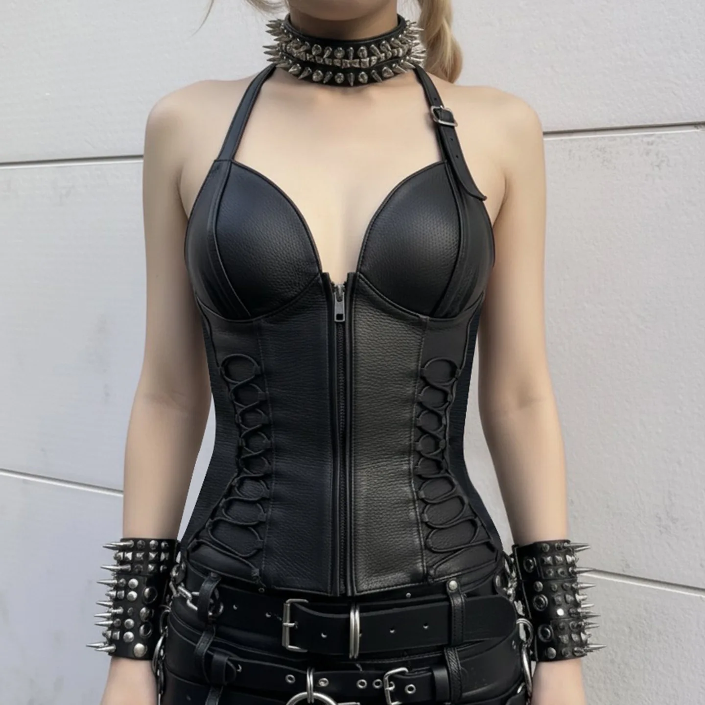 

Woman's Corset Gothic Vest Sexy Sleeveless Backless Leather Halter Tops Zipper Dark Rock Cardigan Fit Tank Top Summer Streetwear