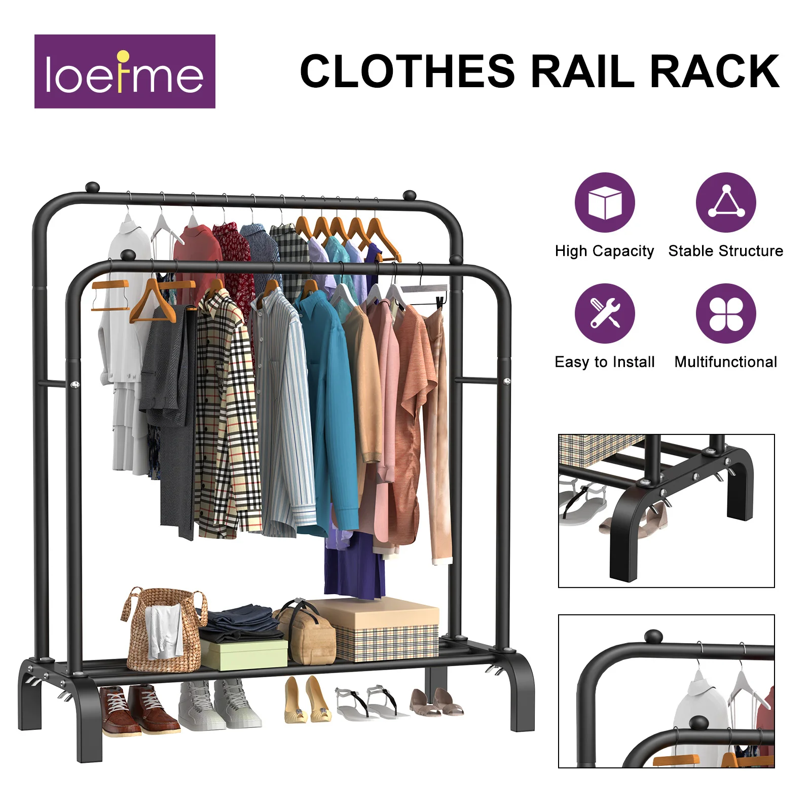 Loefme-estante de secado de ropa, estante de almacenamiento de doble varilla, organizador de ropa que ahorra espacio, estante de almacenamiento de pie, Zapatero para dormitorio