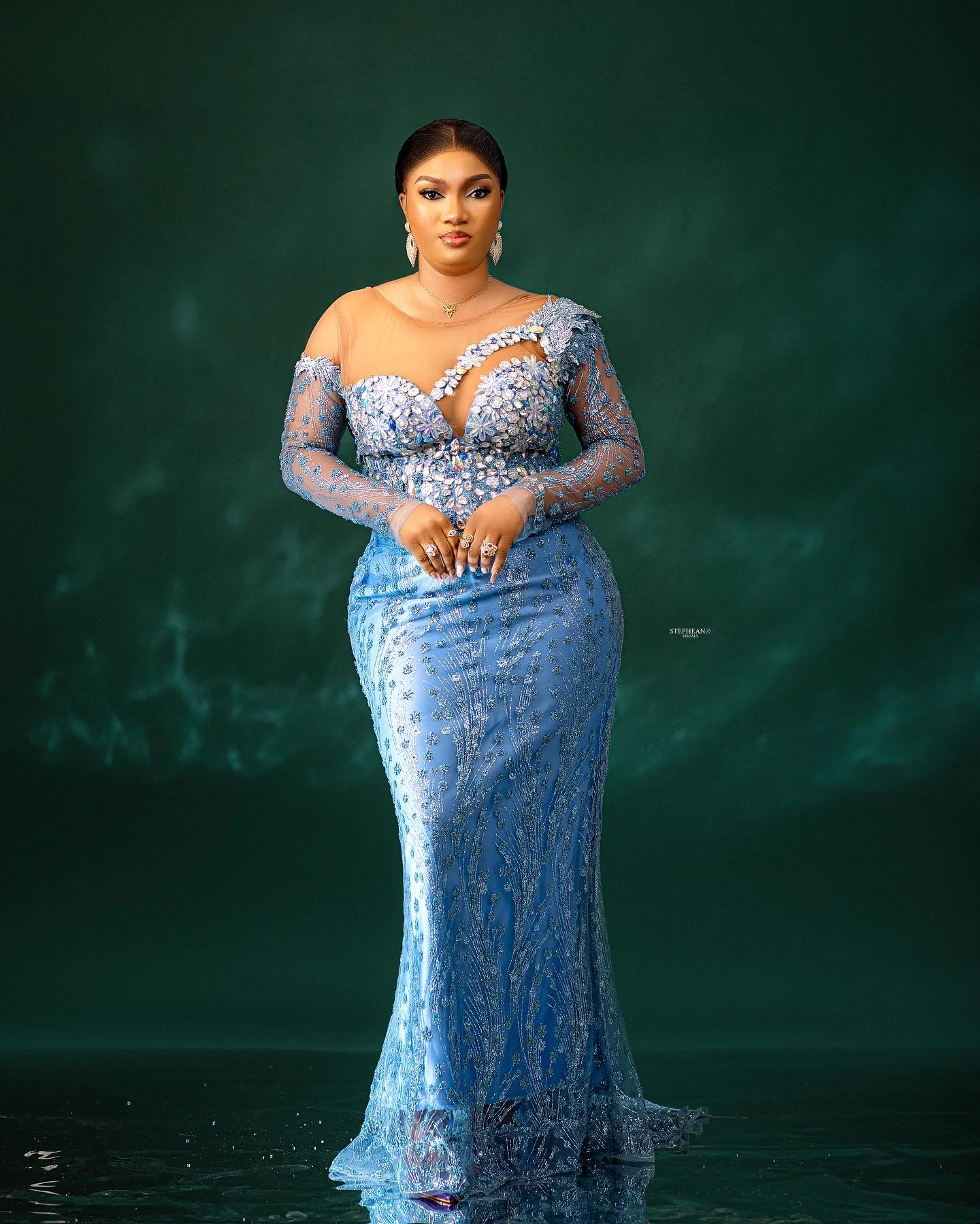 2024 Plus Size Mermaid Blue Prom Dresses Lace Crystals Evening Formal Party Second Engagement Birthday Gowns Dress ZJ05