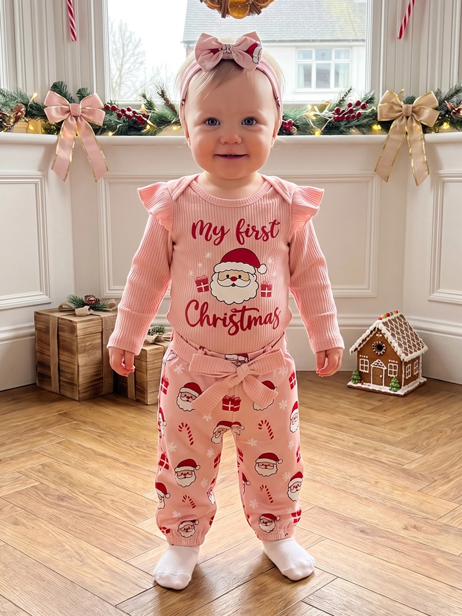 Girl-Christmas-Outfit Neck Romper Pants Sleeve Crew Neck Romper Pants Headband Christmas Outfit Long Sleeve Crew Sleeve Crew