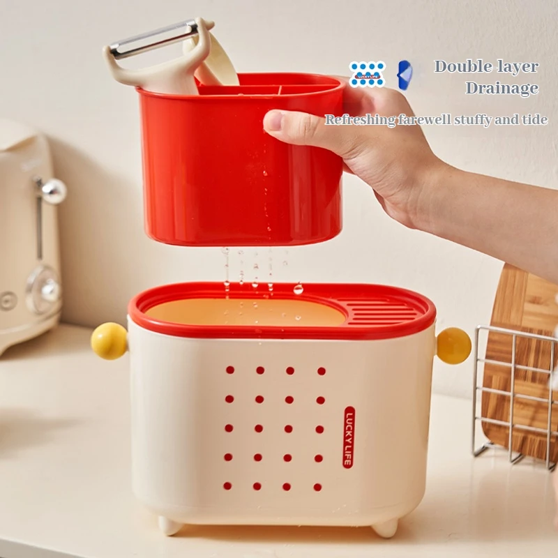 Multi Functional Tableware Storage Rack For Household Kitchen, Chopstick Storage Tube With Drainage Tray, Mold Resistant