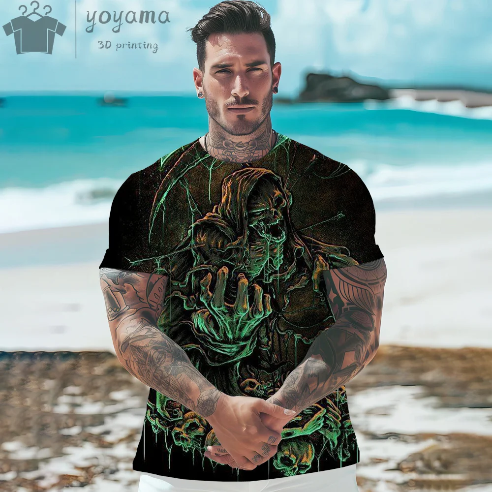 تي شيرت رجالي كبير الحجم بطباعة جمجمة ، قمة جمجمة ثلاثية الأبعاد ، ملابس صيفية ، Y2K #3