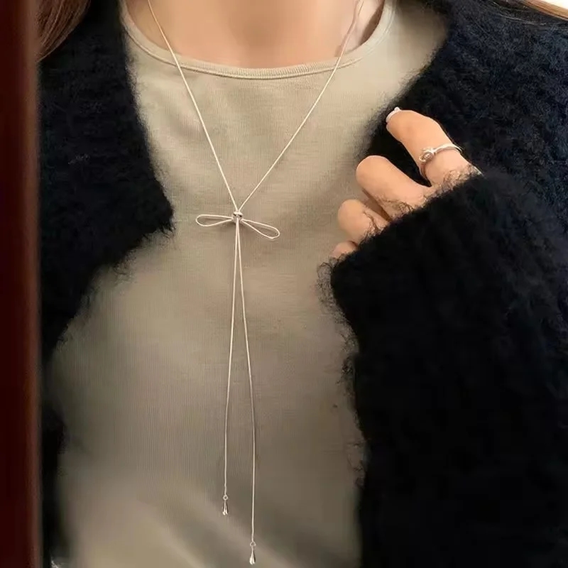 Simple Bowknot Drawstring Long Necklace for Women Korean Fashion Sweater Chain Aesthetic Jewelry