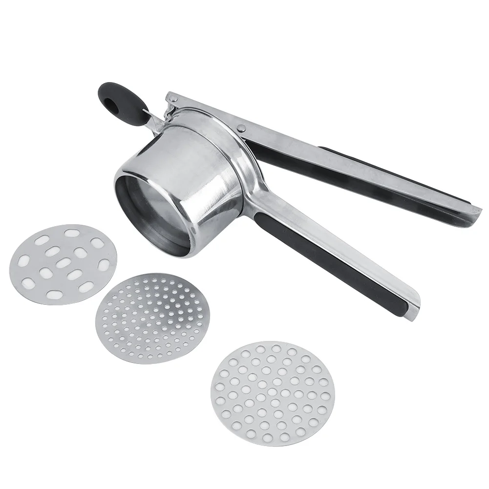 Potato Masher, Stainless Steel Potato Presser - Detachable Handheld Masher for Smooth or Chunky Puree, 3 Meshes Included