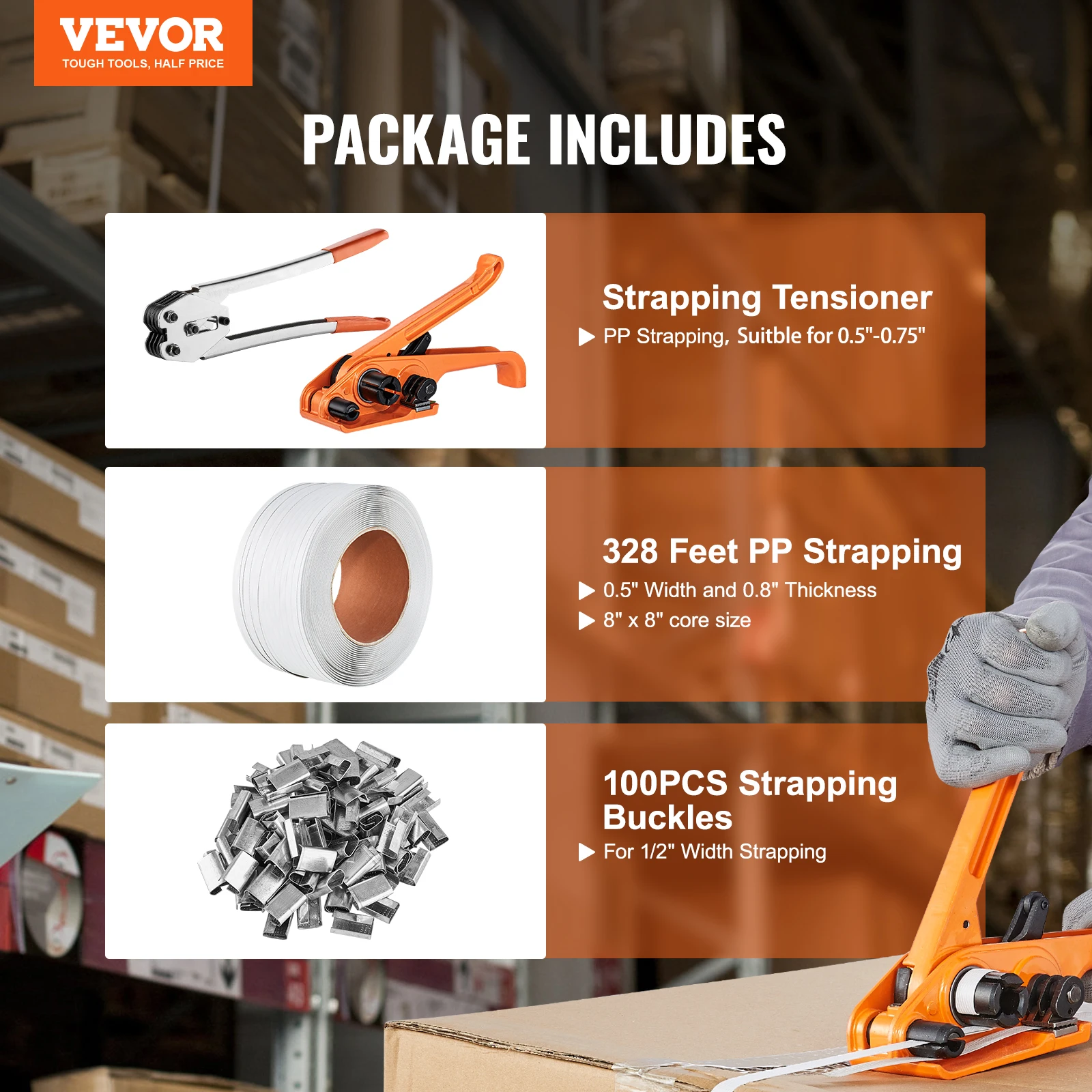 VEVOR Pallet Packaging Strapping Banding Kit with Tensioner Banding Sealer Tool 328ft PP Band 100 Metal Seals for Packing Belt