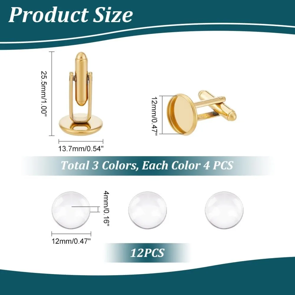 3 ألوان 12 مجموعات 12 مللي متر أزرار أكمام قبة فارغة صنع عدة 304 الفولاذ المقاوم للصدأ الكفة زر كبوشن مستديرة صينية الحافة زر الكم