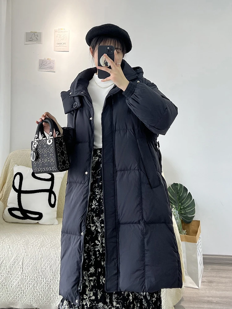 Winter Long Solid Puff Hooded Down Jacket Women White Duck Down Thick Down Jackets Female Warm Loose Parker Knee Length Outwears