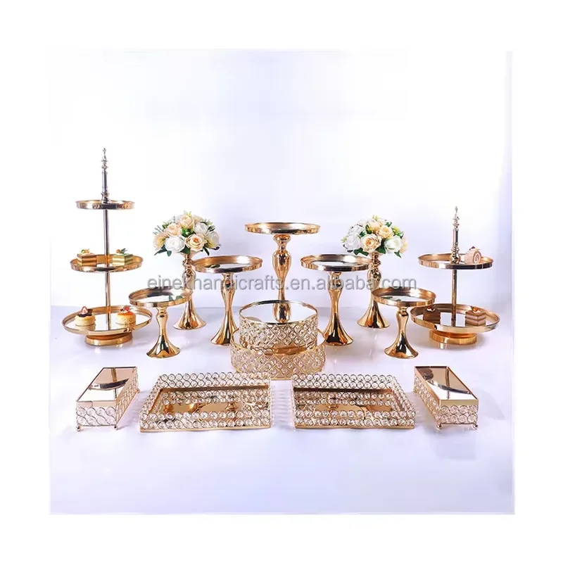 Gold/Silver Iron Metal Round Wedding Cake Stand Set with Dessert Plate & Dish for Christmas Cup Cakes