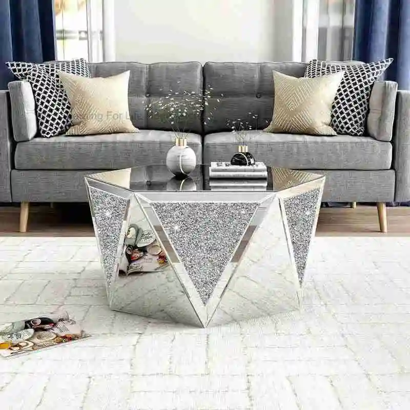 

CX003AC Drum Coffee Table Mirrored with Crystal Inlay, Hexagon Silver Accent Table, Modern Design Luxury Contemporary Furniture