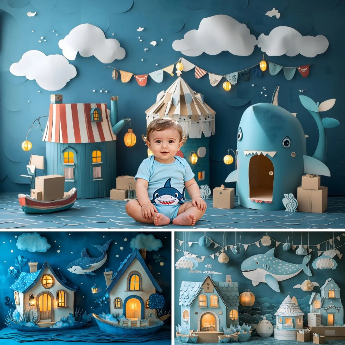 Deep Blue Ocean Castle Photography Backdrop Underwater Animal Shark Dolphin Baby Shower Boy Birthday Party Decoration Background
