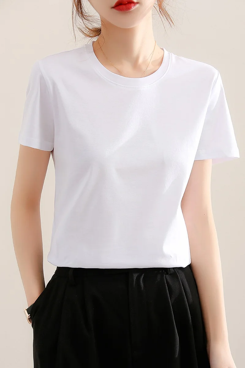 Sommer Hohe Qualität Reine Mercerisierter Baumwolle T-shirts frauen Lose Rundhals Kurzarm T-stücke Weibliche T Shirt Einfarbig Tops – Detail 1