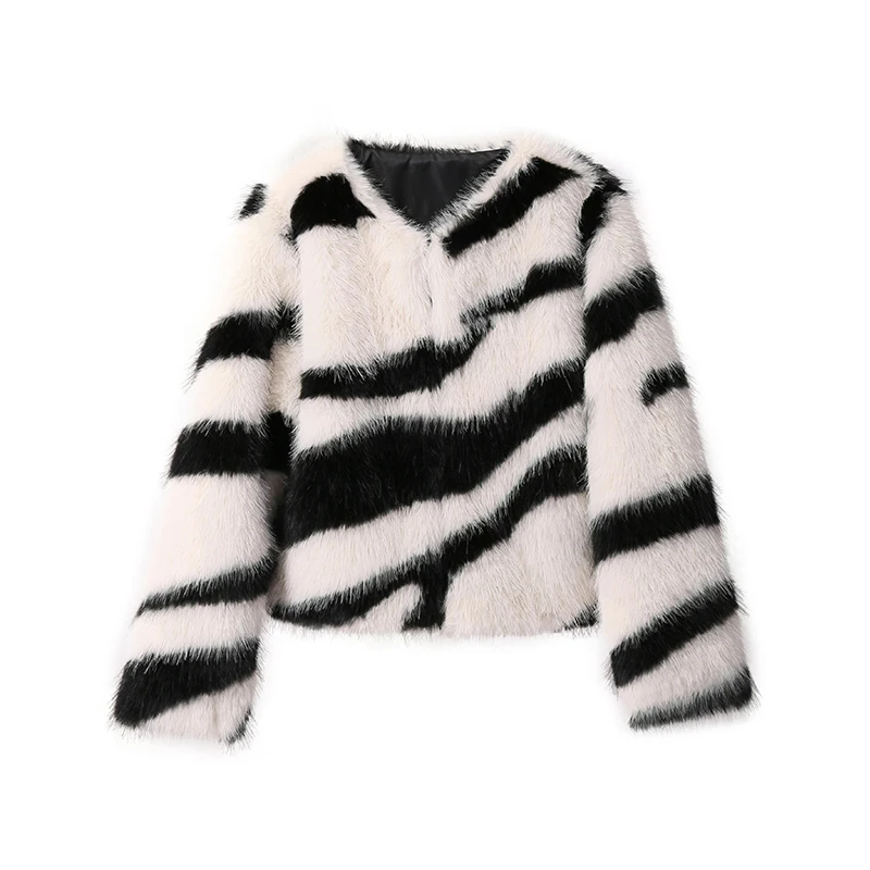 Faux Fox Fur Coat for Women Harajuku Street Chic Girls Fluffy Zebra Fur Coat Thick Warm Overcoats Casual Fashion Winter