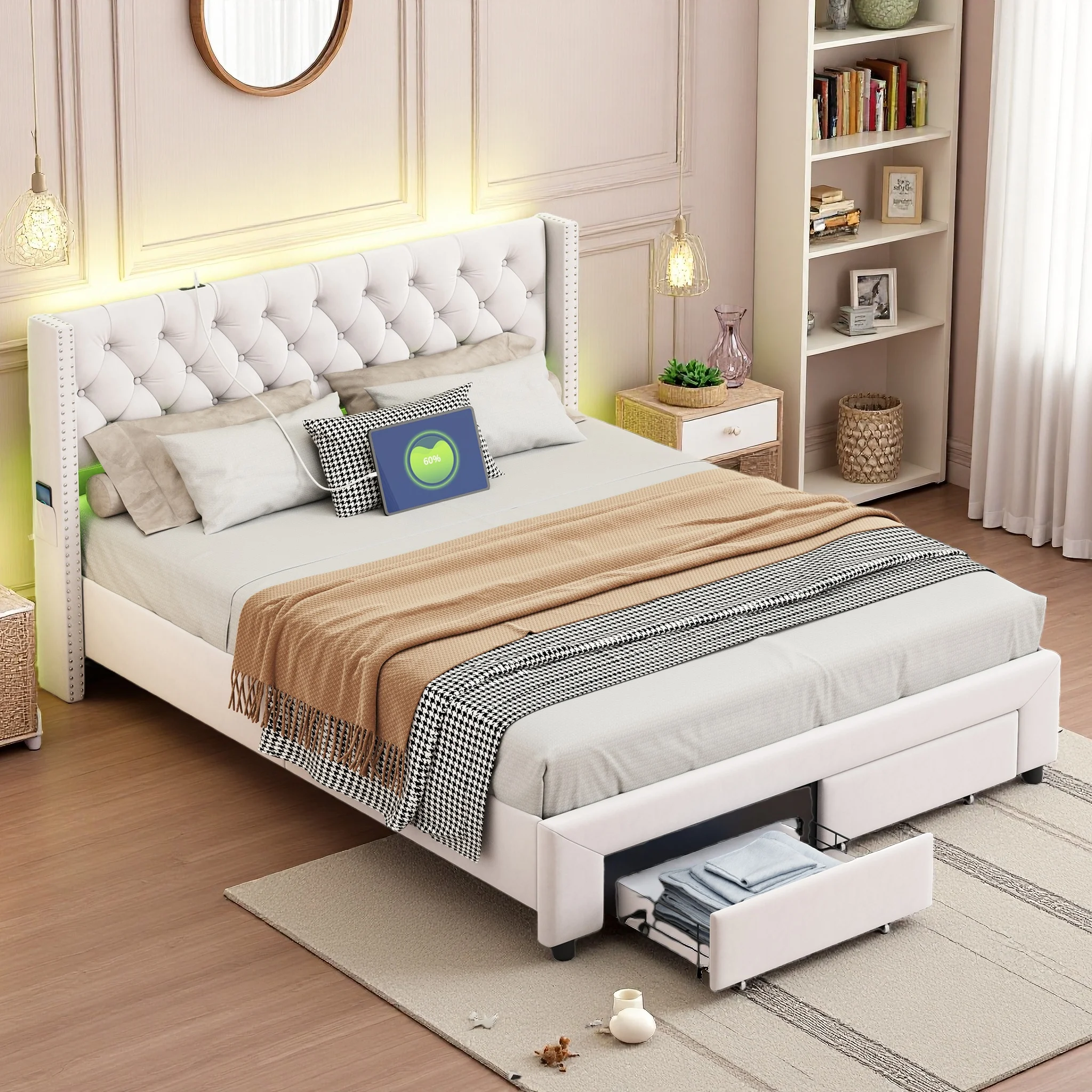 Cama Rivet de 140 x 200 cm con somier y luces LED, cama tapizada con espacio de almacenamiento, cama juvenil, cama doble con cajón, color beige