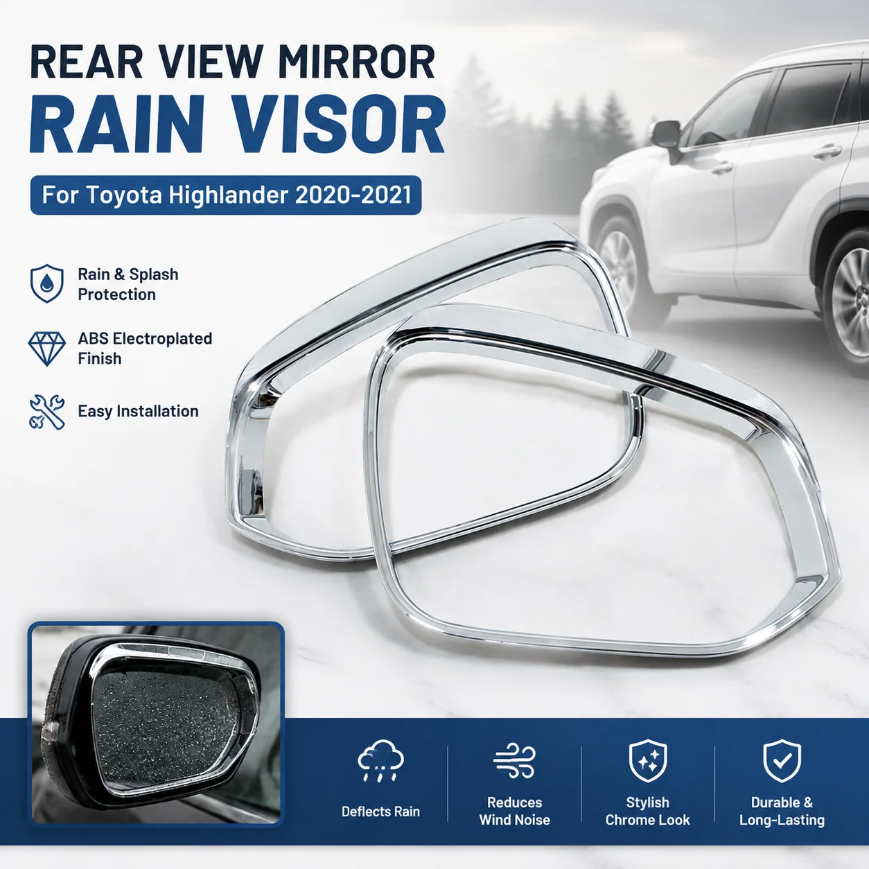 For Toyota Highlander 2020-2021 ABS Electroplated Rear View Mirror Rain Visor
