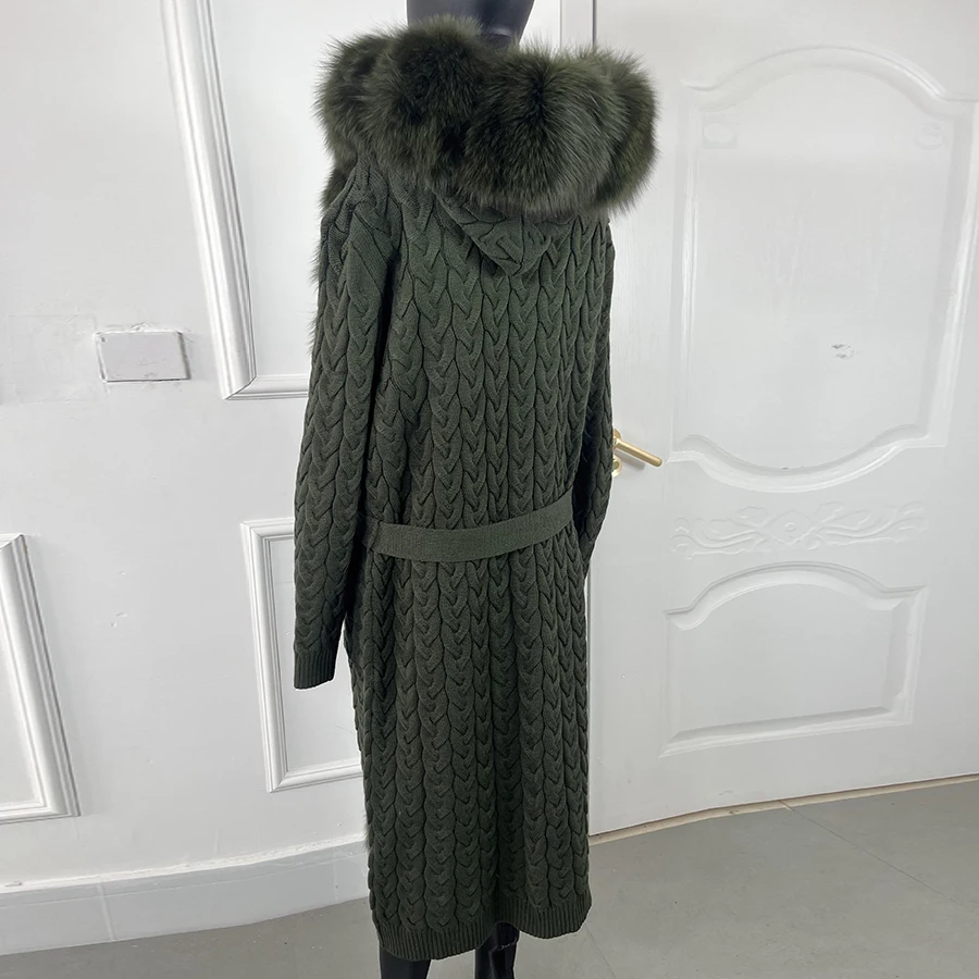 Wool Capes Long Cardigan With Fox Fur Coat Cashmere Knit sweater Winter Women With Real Fox Fur Trims Full Sleeve