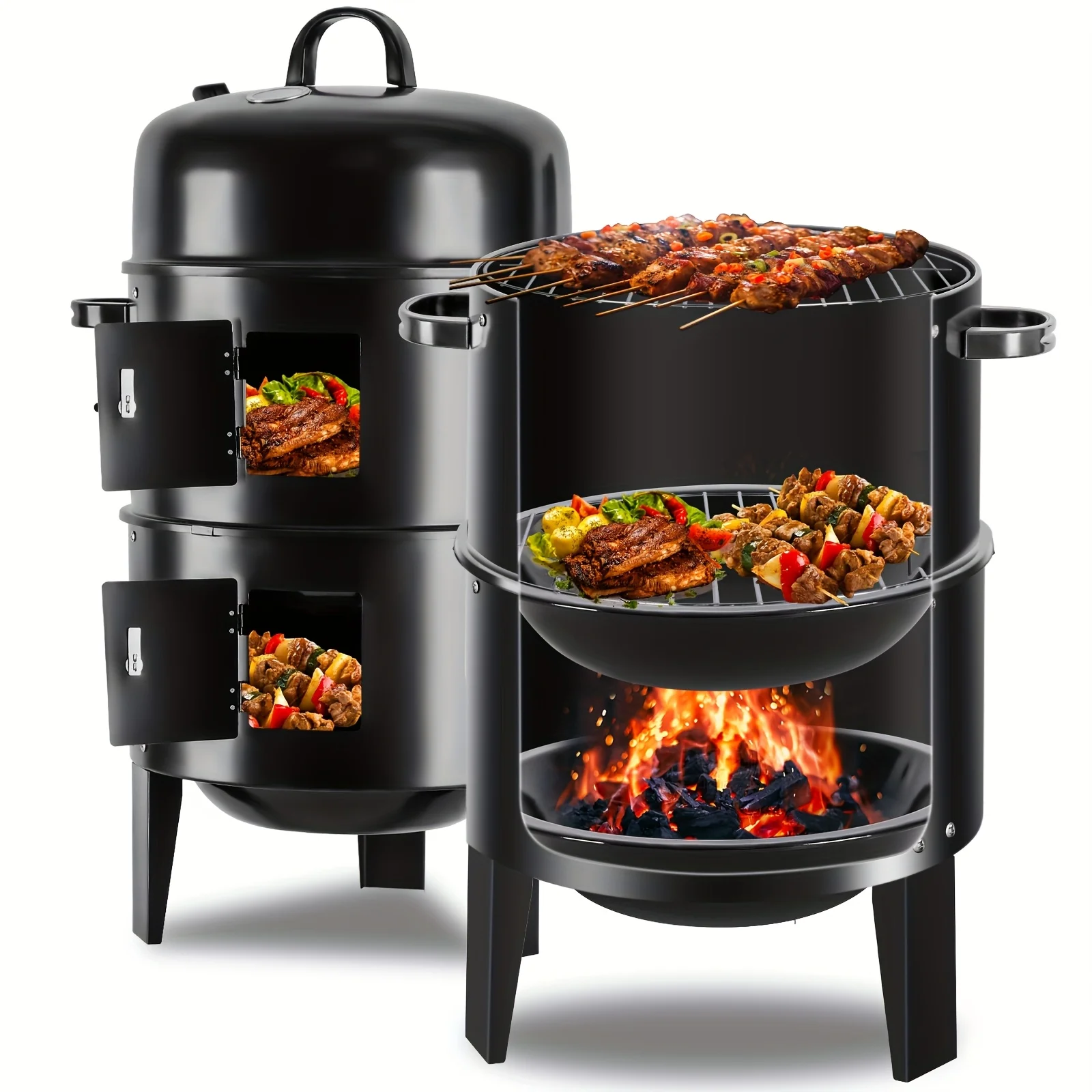 

Portable Zinc Alloy BBQ Grill - 16-inch 3-Tier Vertical Charcoal Smoker Grill with Temperature Control, 3 Cooking Levels