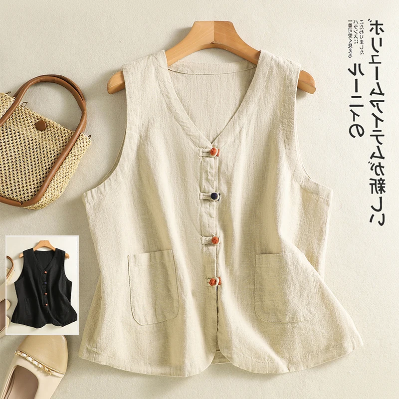 

Хлопково-льняной жилет на пуговицах в стиле ретро, женский универсальный льняной жилет больших размеров с V-образным вырезом, Jaet Commute Sle
