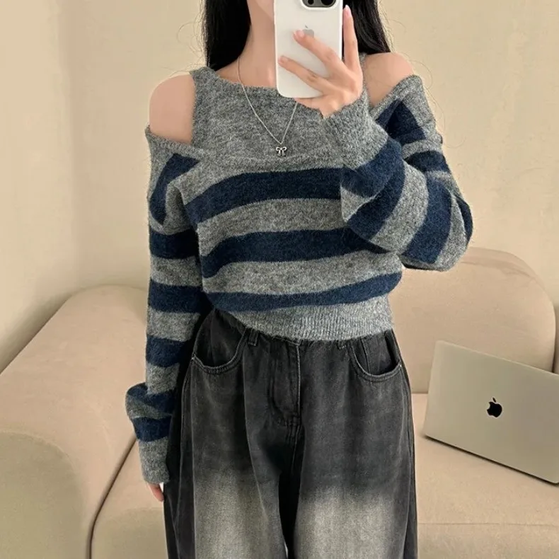 Chic Design Sense Patchwork a righe Colore Blo Casual Sle Maglione da donna Falso in due pezzi Versatile Lazy Match Autunno Inverno...