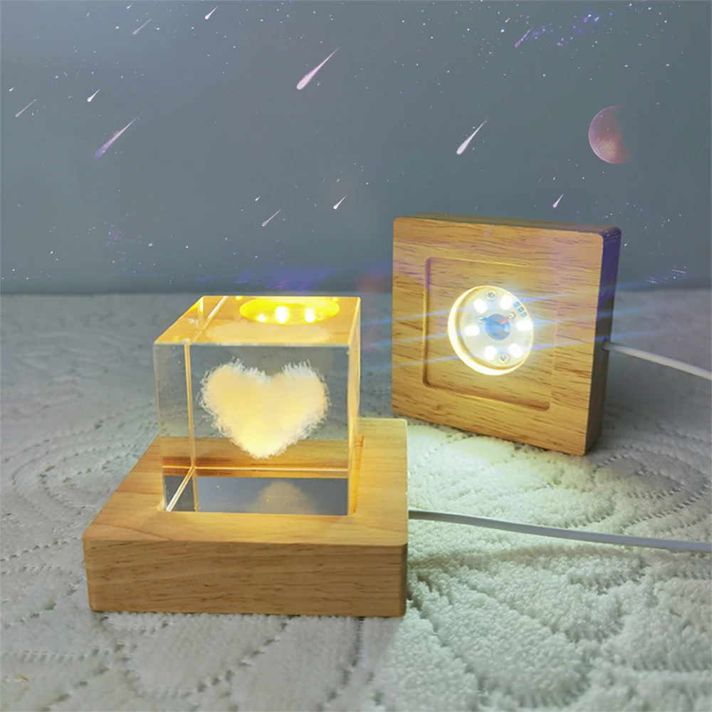 Wood Light Base USB Rechargeable Remote Control Wooden Colorful LED Light Base Display Stand Lamp Holder Resin Art Home Decor