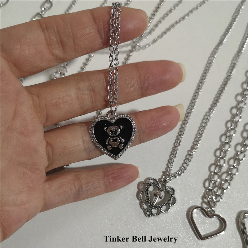 Kpop Goth Silver Color Heart Cross Pendant Chain Necklace For Women Men Egirl Y2K Cool EMO Punk Aesthetic Grunge Jewelry Gifts