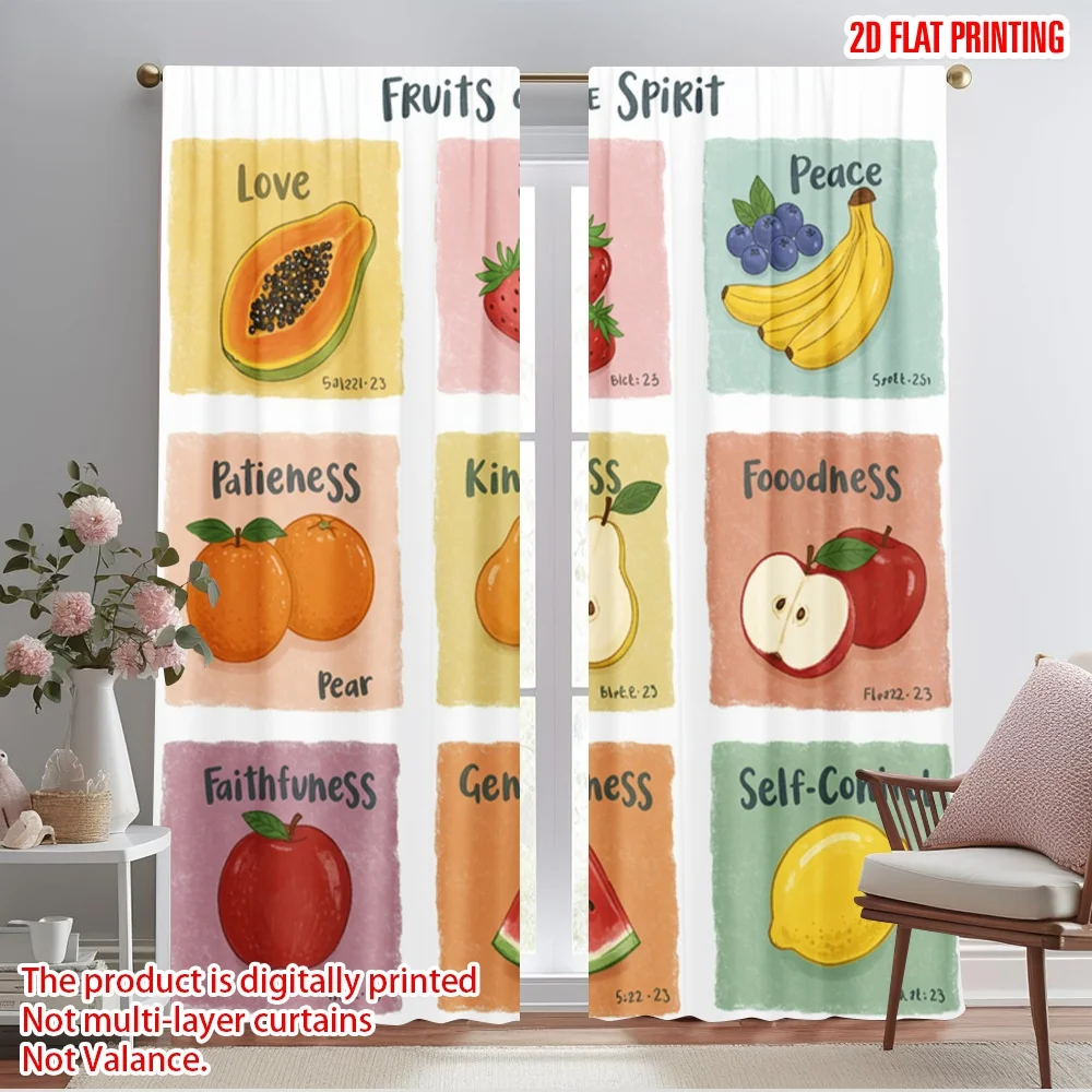

2pcs 2D flat printing Curtain Fruit of the Spirit 100% Polyester Fabric Without Electricity Birthday Party for Entryway Room