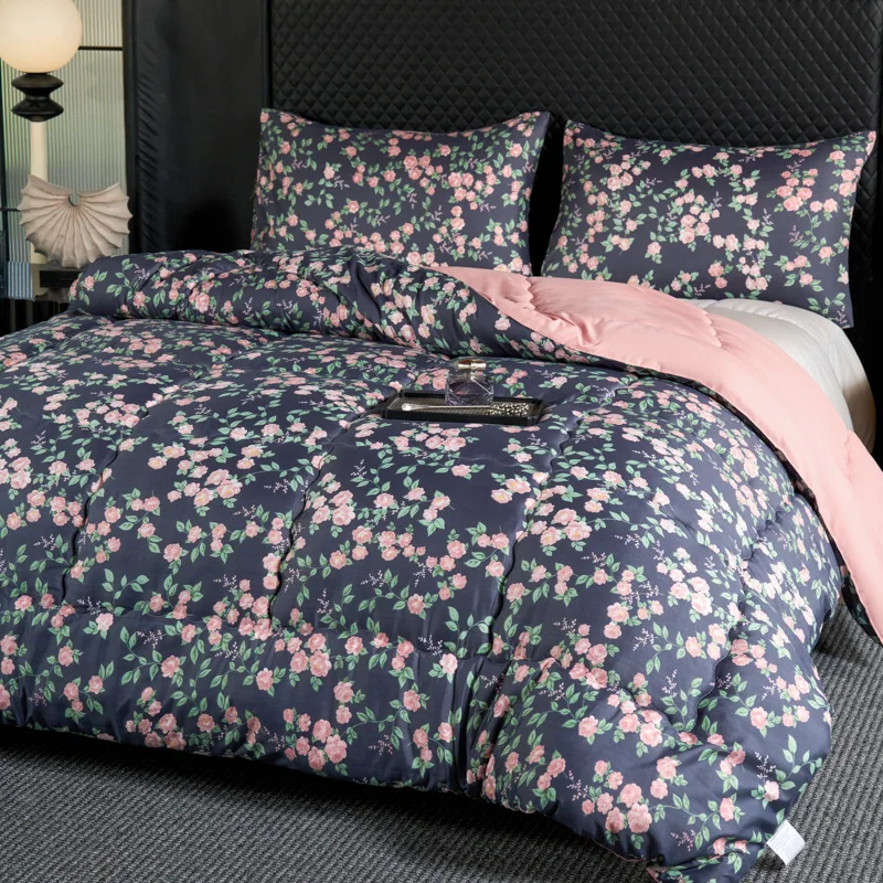 1PC，retro navy blue base pink rose flower floral print winter quilt, thick and warm winter single and double quilt c