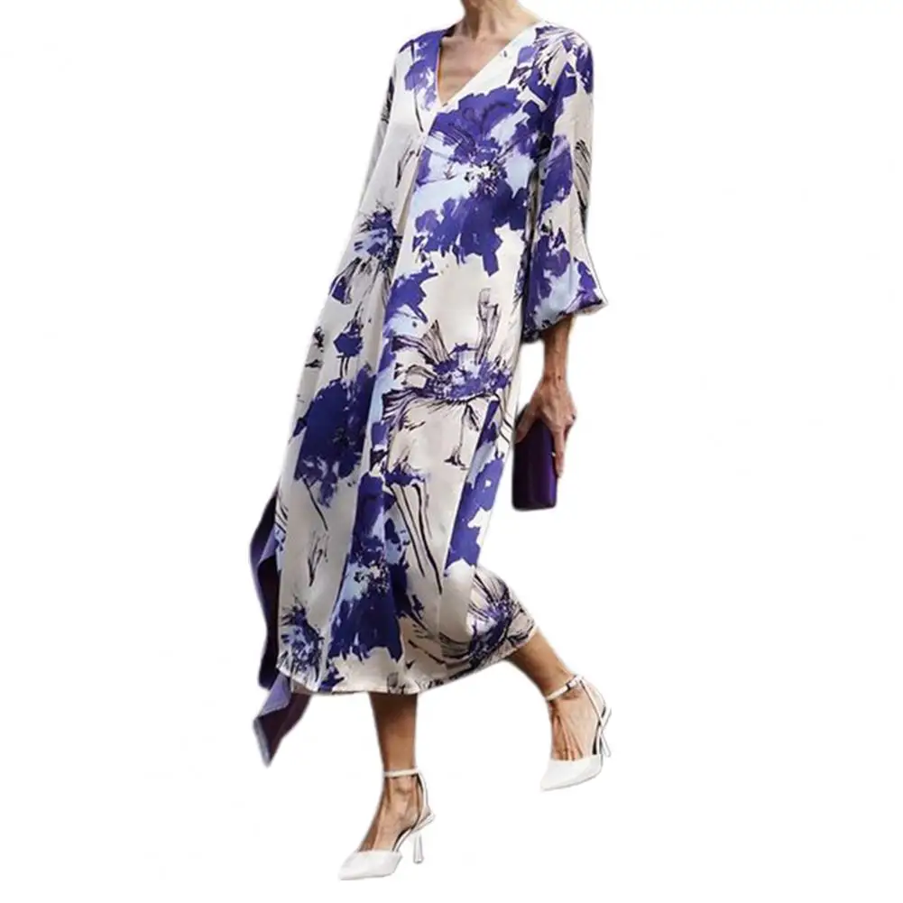 Women V-neck Printed Dress Stylish V Neck Midi Dress for Women Long Sleeve Loose Pullover with Contrast Color for Parties
